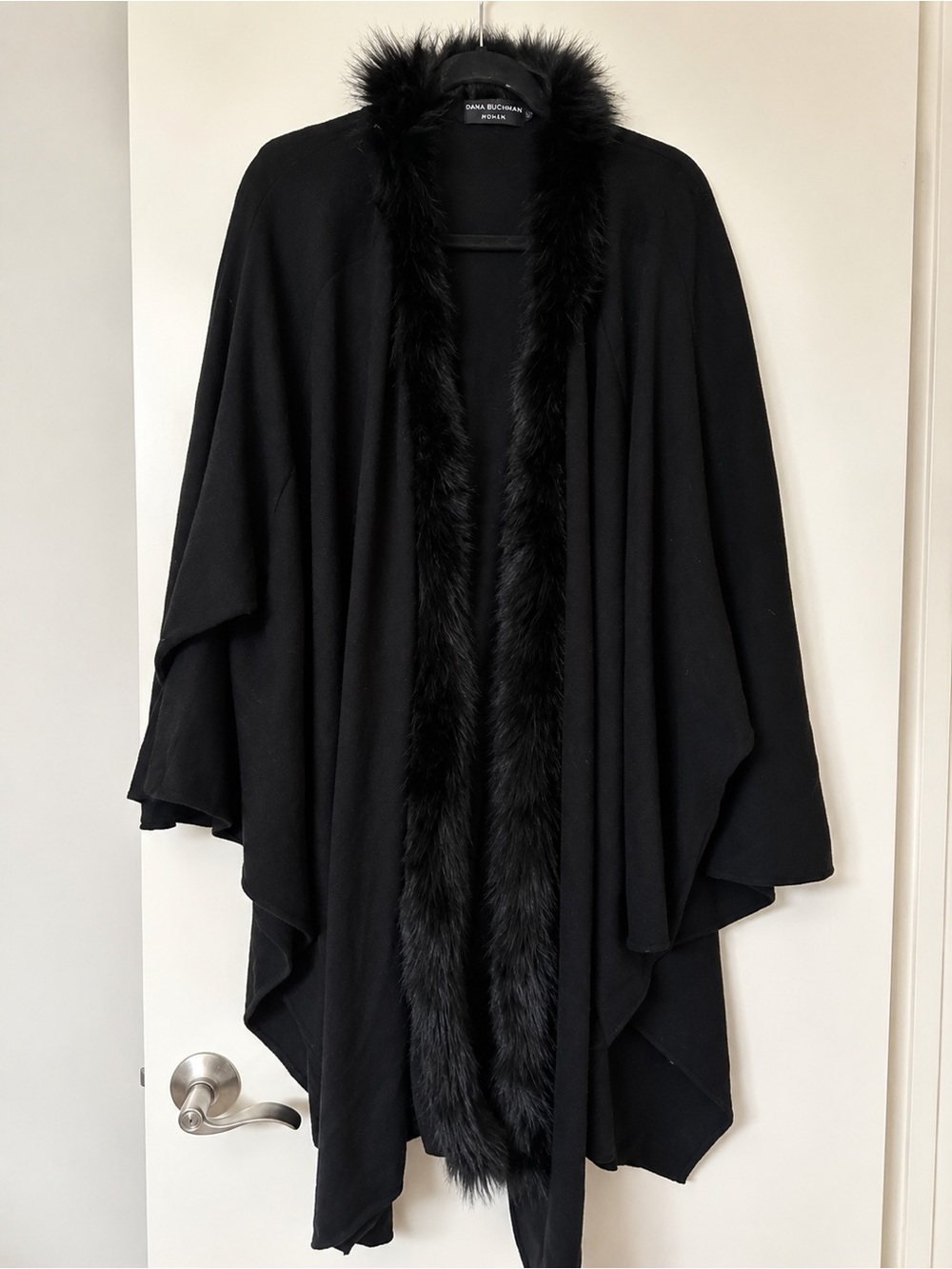Vintage Dana Buchman Black Fur Trim Cashmere Wrap / Cape